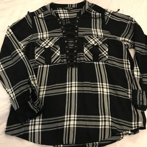 Express plaid lace down Top